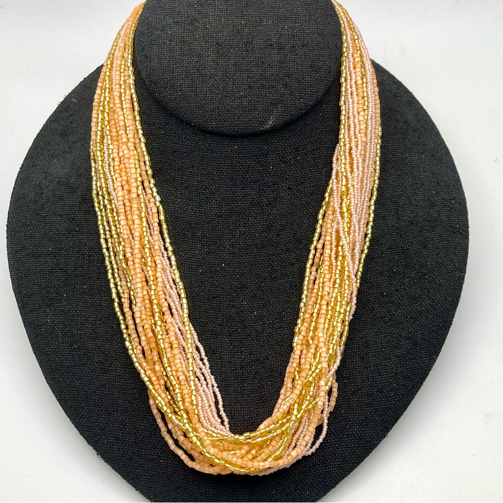 Gorgeous Italy Vermeil 925 Multi Strand Glass Beads Necklace Peach Pink Gold